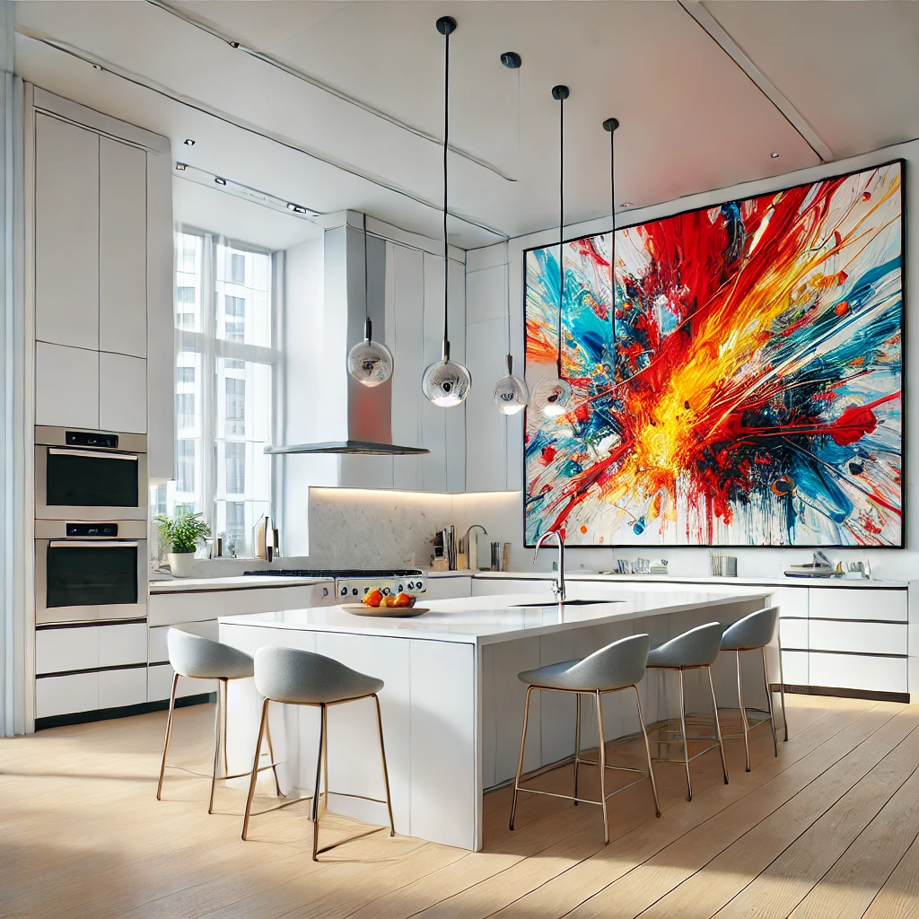 white kitchen with large wall art